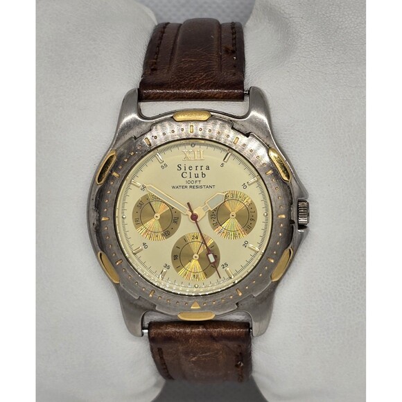 sierra club Accessories - Men's Sierra Club Classic 3 Eye Silver Gold Tone Case Brown Strap Watch 13